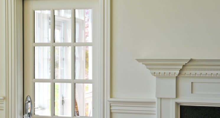 white dove painted trim and fireplace mantel