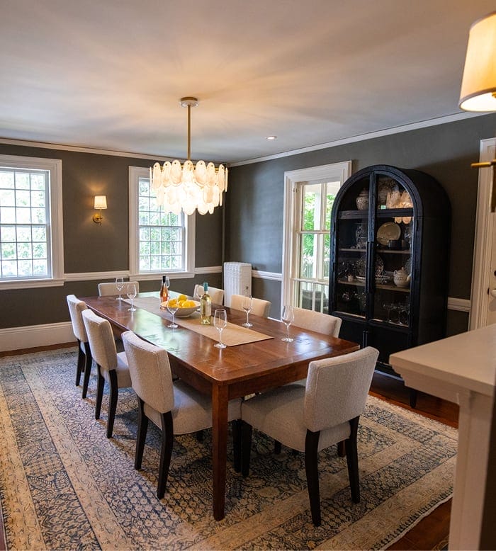 Dining room with grey walls and white ceiling, painted by HDF Painting house painters
